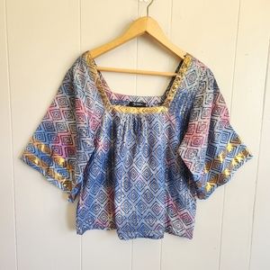 RD + KOKO Blue Gold Metallic Square Neck Boho Top Blouse boxy XS